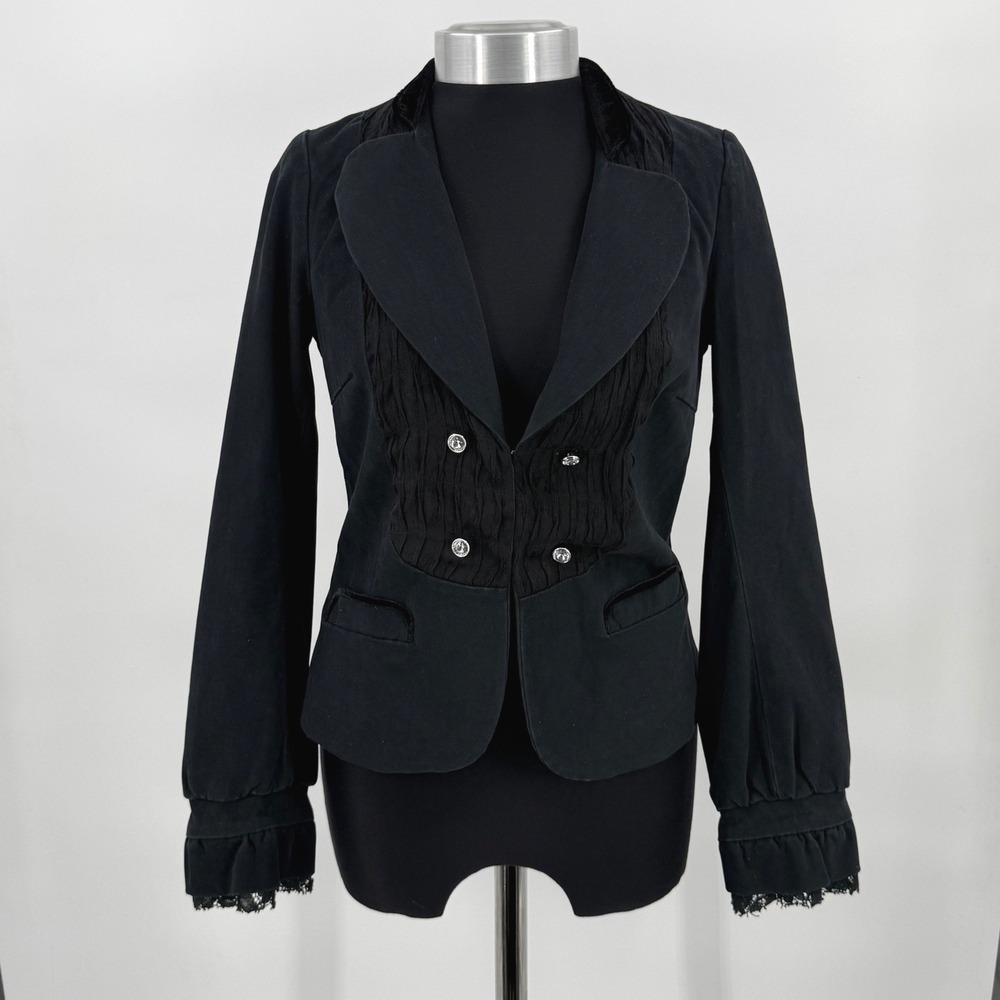 Free People Blazer Womens Size 4 Black Ruched Crystal Buttons Lace Whimsigoth